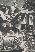 Ernst Huber, cattle by a Swiss dwelling, signed woodcut print, 7" x 5"