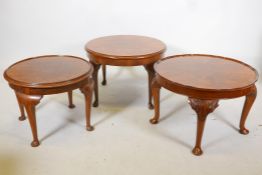 A 1930s figured walnut occasional table raised on cabriole supports, 24" diameter and two others