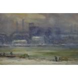 Docklands scene with figures and barges, signed 'Henderson Blyth', unframed watercolour, 14" x 21"