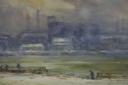 Docklands scene with figures and barges, signed 'Henderson Blyth', unframed watercolour, 14" x 21"