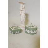 Two Wedgwood green jasperware boxes with covers and a Parian style figural vase, 12" high, a/f crack