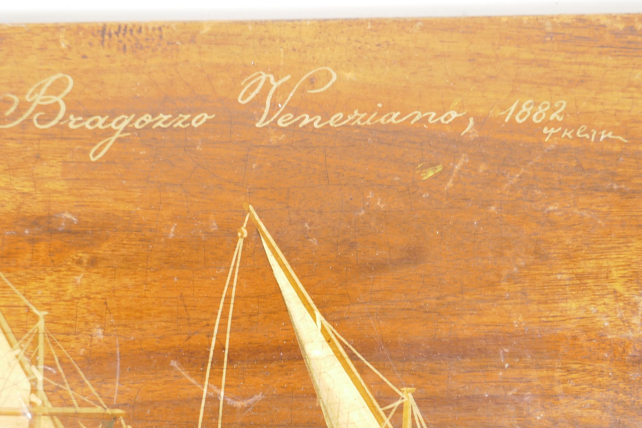 An adriatic sailing boat, 'Bragazzo Venezians, 1882' signed indistinctly, painted on a wood panel, - Image 3 of 4