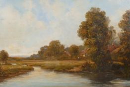 Extensive river landscape with figures by cottages, C19th oil on canvas, unframed, 17" x 28"