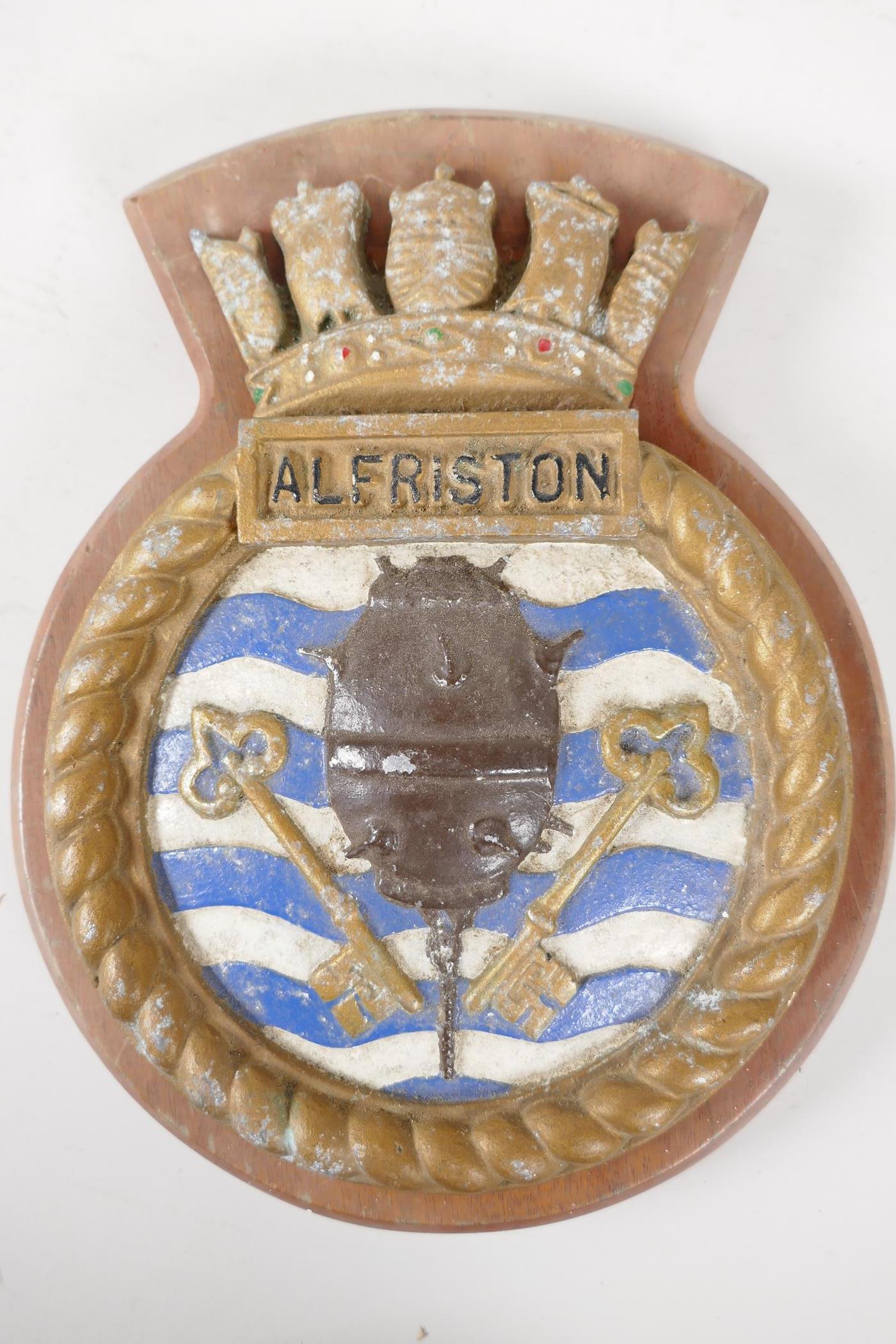 A cast aluminium ship's plaque from HMS Alfriston, 9" long on a wooden shield - Image 2 of 2