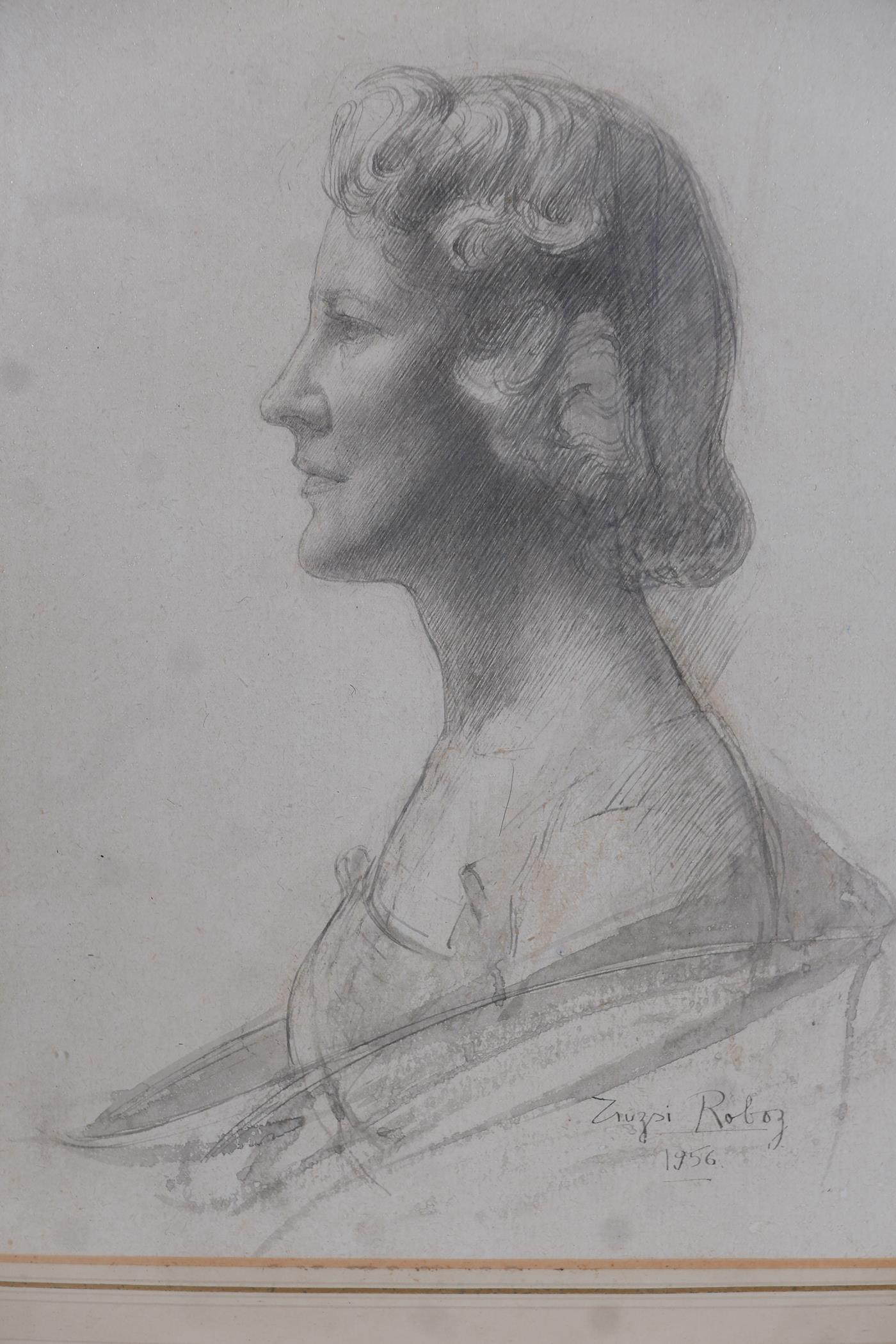 Zsusi Roboz, portrait of a woman in profile, pen and wash, signed and dated 1956, labelled verso