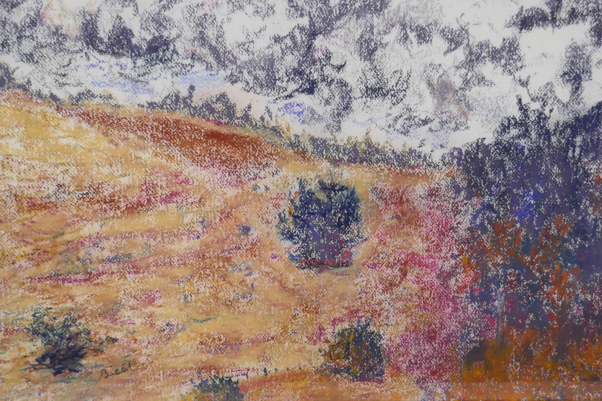 View of a summer landscape, signed 'Bicat', framed pastel drawing, 24" x 15"