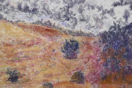 View of a summer landscape, signed 'Bicat', framed pastel drawing, 24" x 15"