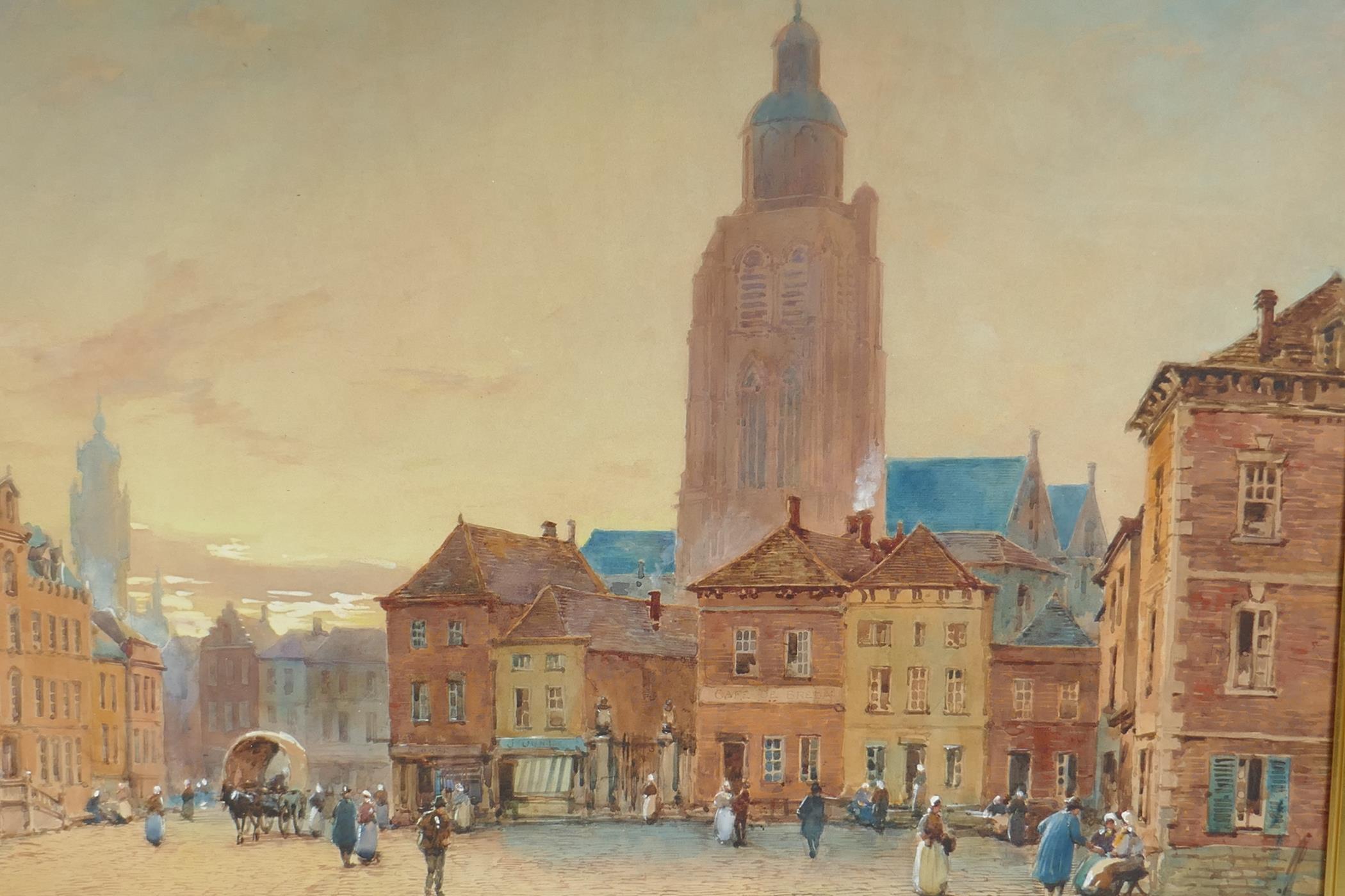 Pierre Le Boeuf, French C19th, Bergen op Zoom, Holland, city square, watercolour, 26" x 20"