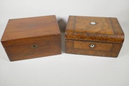 A C19th Tonbridgeware dome top writing box, with plain mother of pearl cartouche. 12" x 9" x 6".