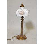 An Edwardian style brass table lamp with decorative opaline glass shade, 21" high
