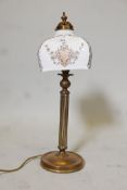 An Edwardian style brass table lamp with decorative opaline glass shade, 21" high