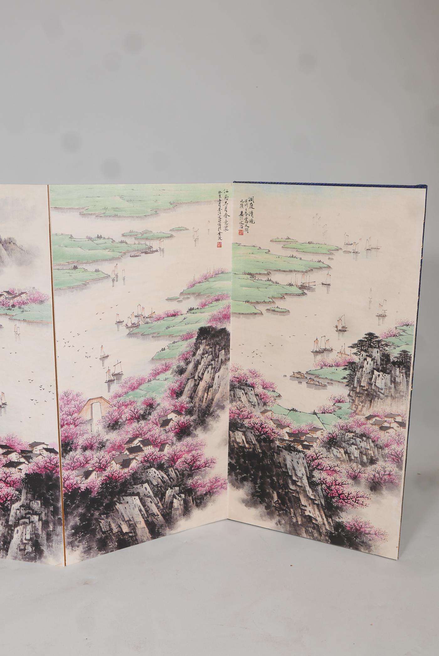 A Chinese concertina book, containing ten mountain and riverside landscapes, overpainted prints - Image 3 of 9