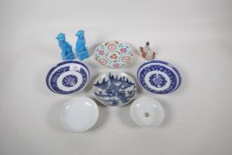 A pair of Chinese blue & white porcelain bowls, two enamel decorated covers, an oriental dish, a