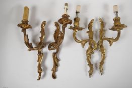 Two pairs of French, cast brass leaf pattern, single light wall sconces, 11" long