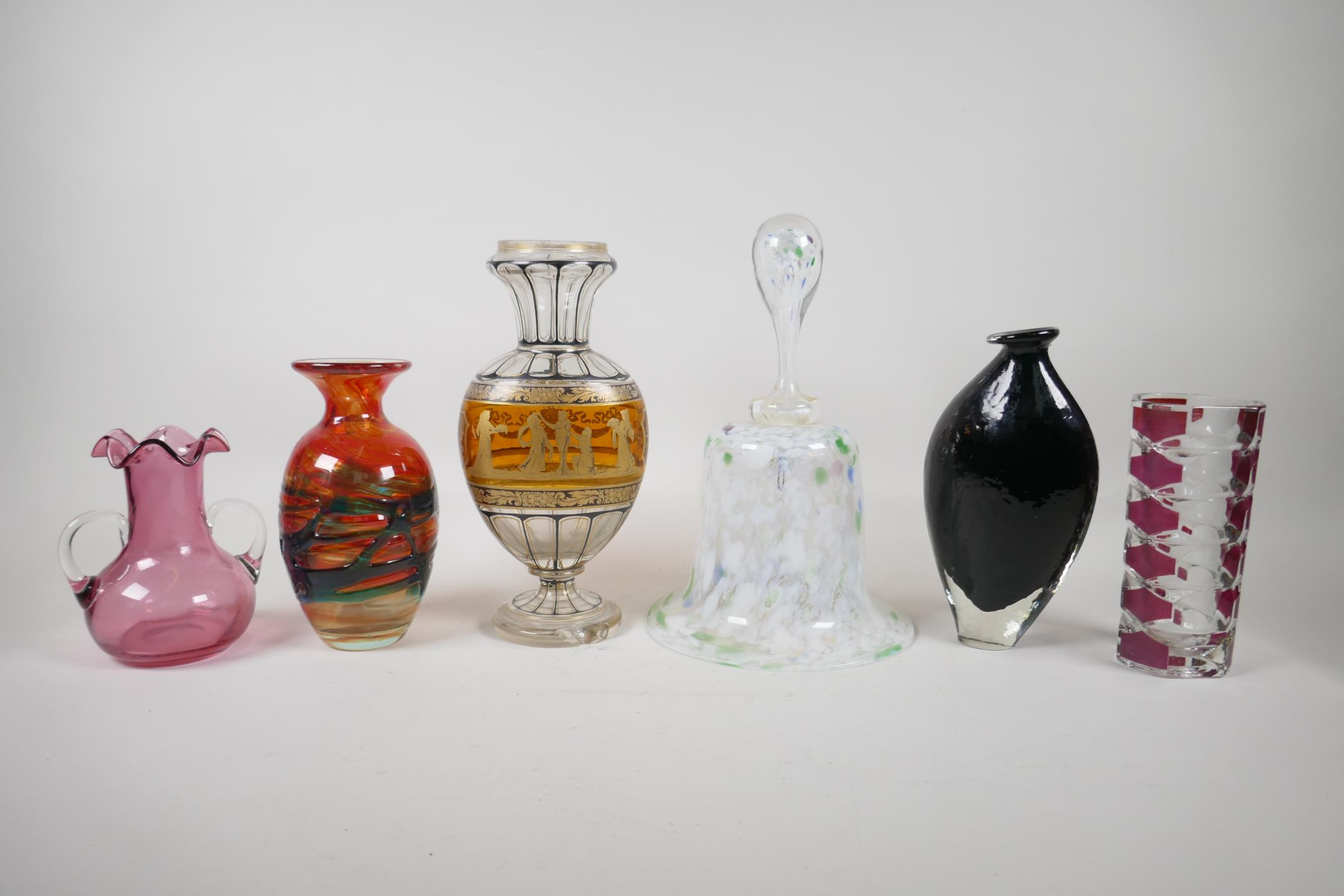 A quantity of assorted decorative glass, including an Mdina swirl glass vase, a cranberry glass 2