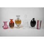 A quantity of assorted decorative glass, including an Mdina swirl glass vase, a cranberry glass 2