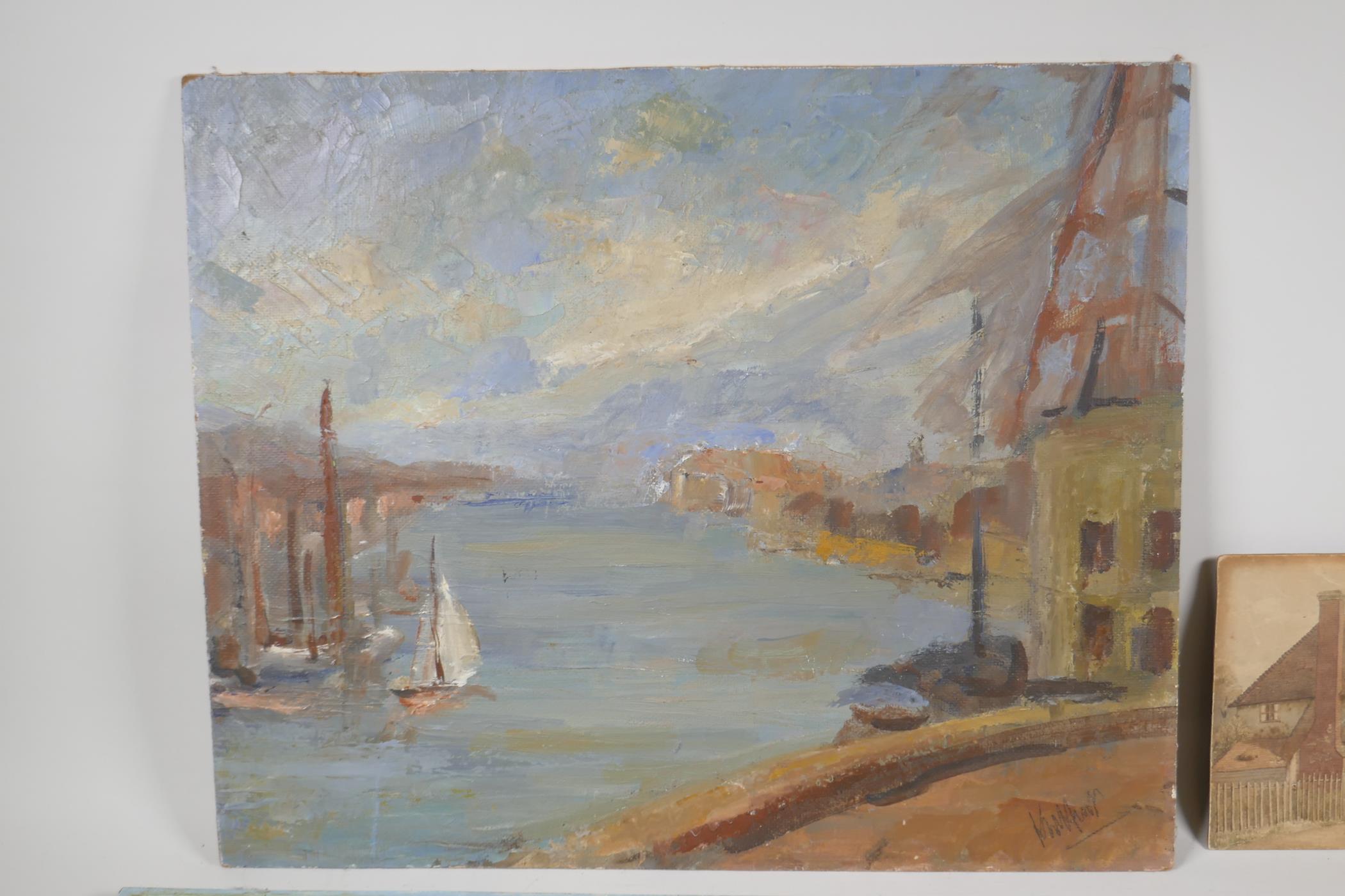 An old Impressionist continental port scene, indistinctly signed. Together with a V. C Hardingham, - Image 2 of 9