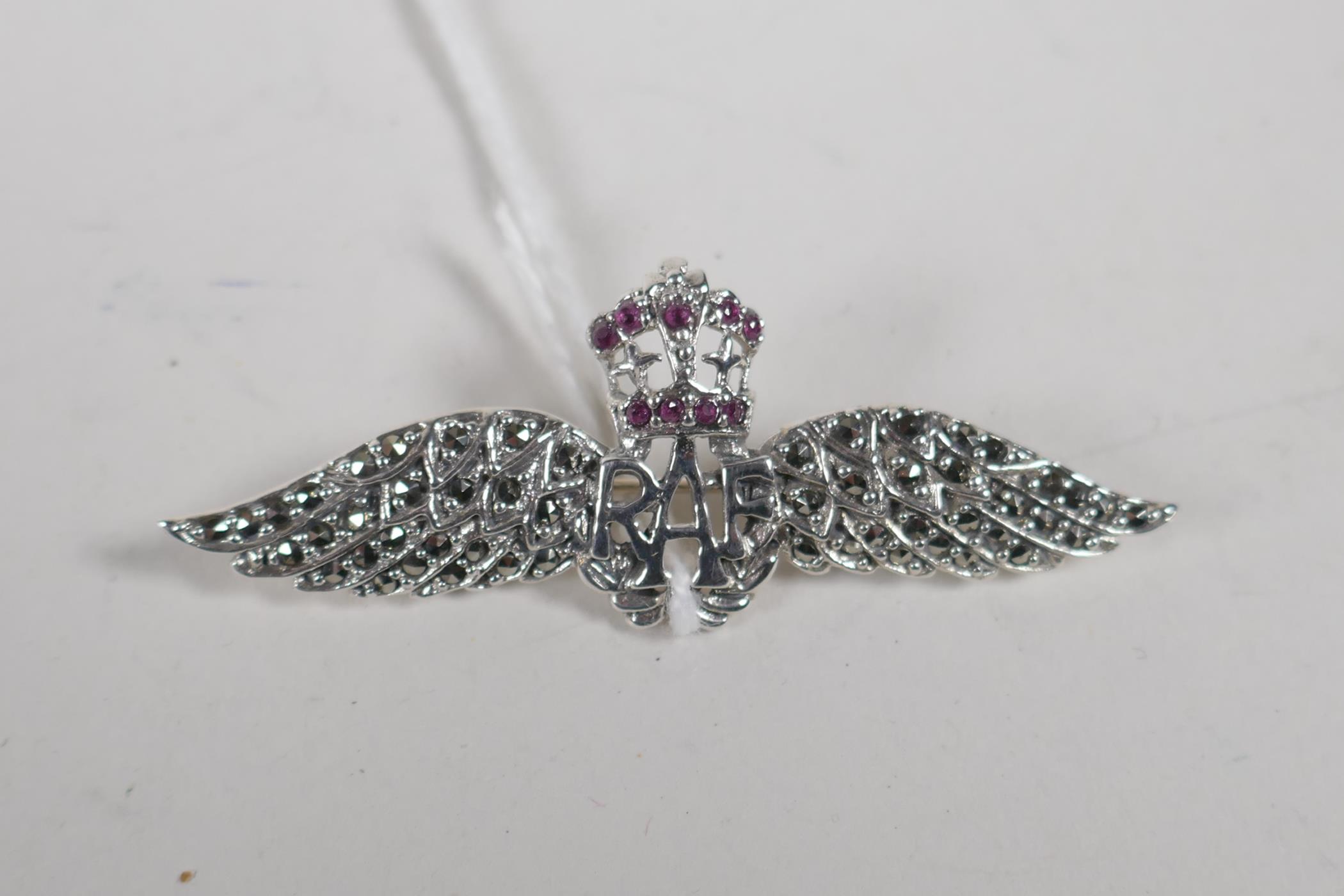 A replica sterling silver and red stone RAF sweetheart brooch, 2¼" long