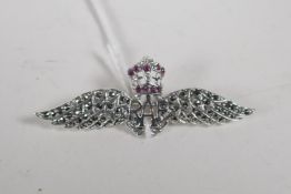 A replica sterling silver and red stone RAF sweetheart brooch, 2¼" long