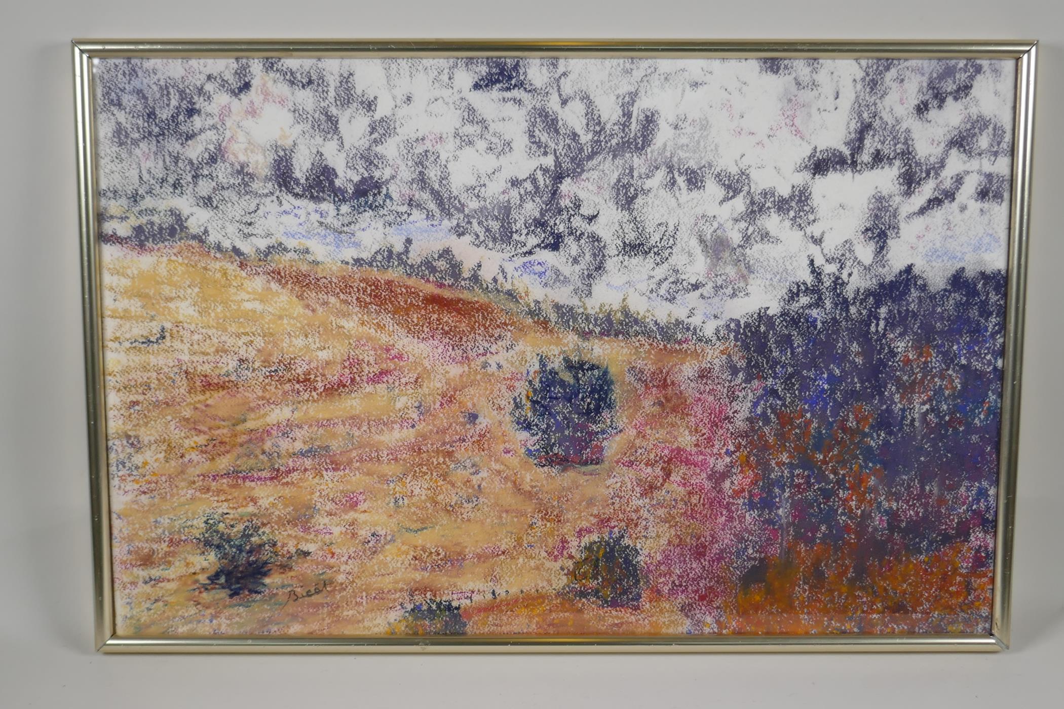 View of a summer landscape, signed 'Bicat', framed pastel drawing, 24" x 15" - Image 2 of 5