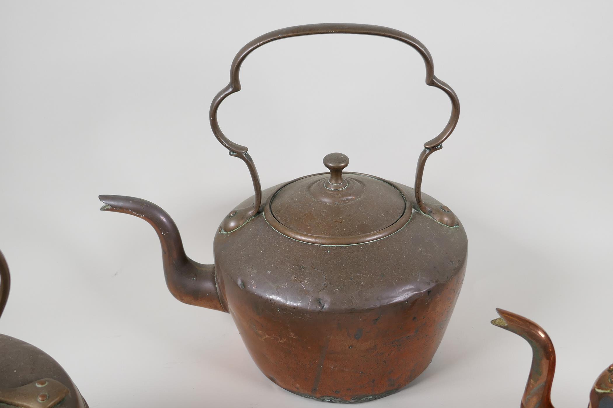Three C19th copper kettles, largest 12" high - Image 4 of 4