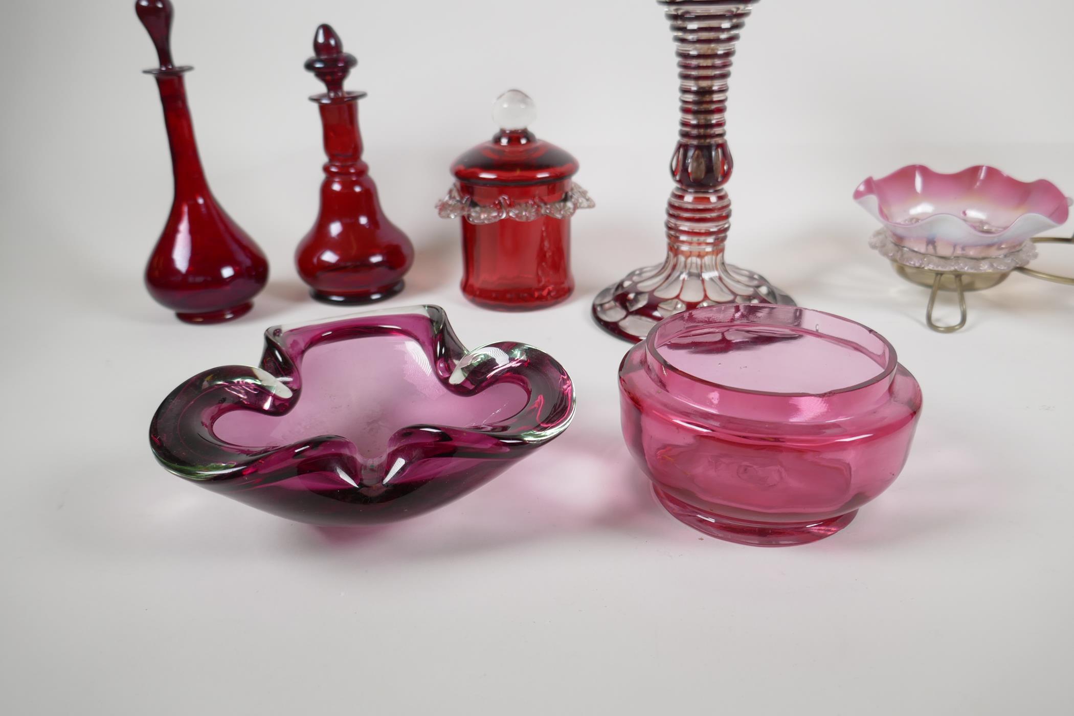 A collection of C19/20th Ruby & Cranberry glass. Including a lustre, perfume bottles, pots, - Image 5 of 5