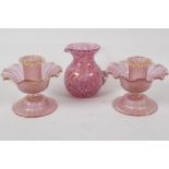 A pair of pink frosted glass candlesticks, 3½" high and a studio glass jug