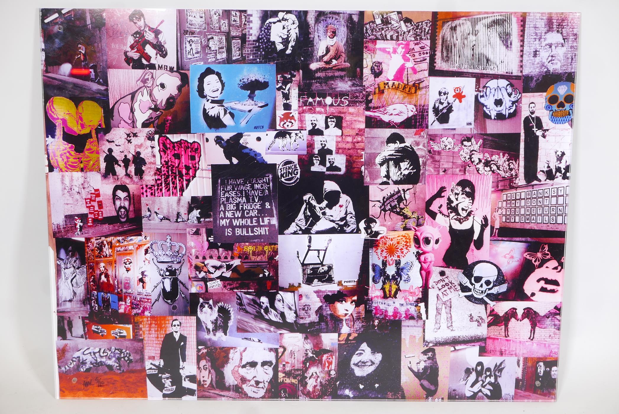Urban Art, Pictorial Collage beneath perspex, initialled Mk 5/10 - Image 2 of 3
