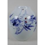 A Chinese blue and white porcelain vase of bulbous form, with painted decoration of flowers, 11"