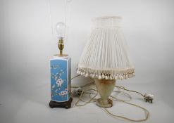 A square section Chinese porcelain table lamp, on a wooden base. 20" high and a turned onyx table