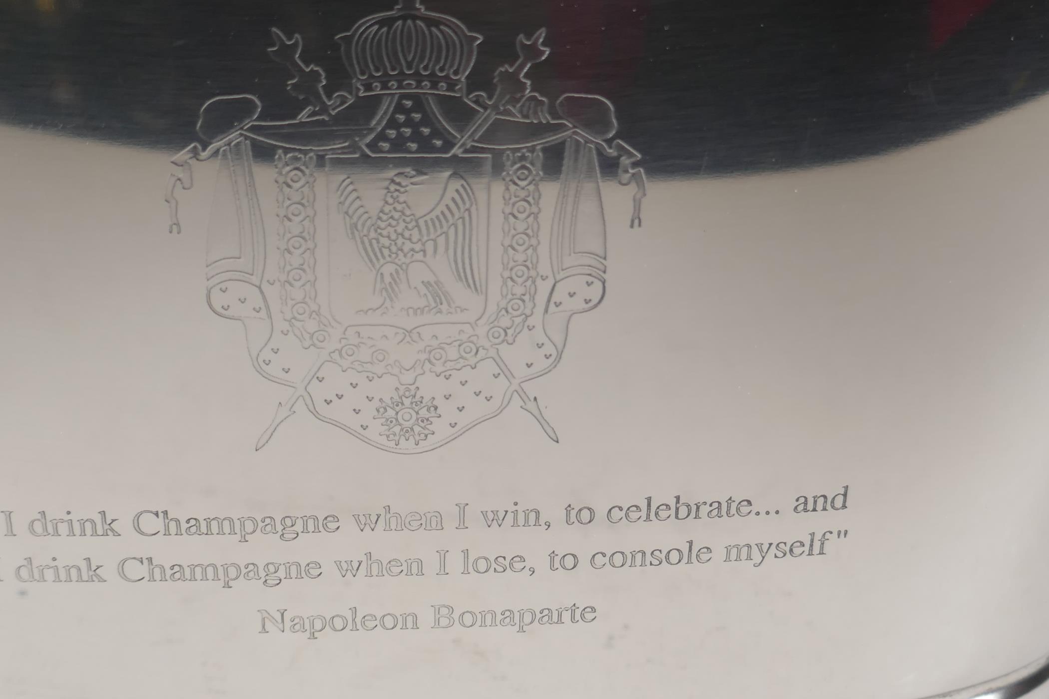 A plated metal wine cooler, engraved with aphorisms from Lily Bollinger & Napoleon. 11¾" long - Image 2 of 2