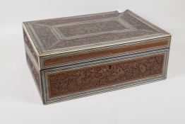 C19th Indian sandalwood writing box with micro mosaic sadeli work inlay and all over carved