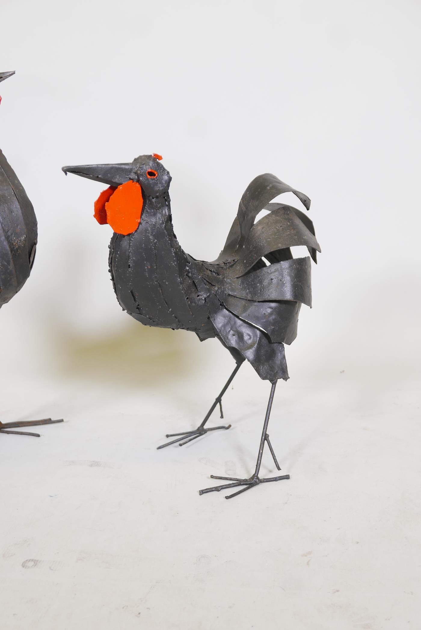 A painted iron sculpture of a cockerel and another of a chicken. 26" high - Image 3 of 3