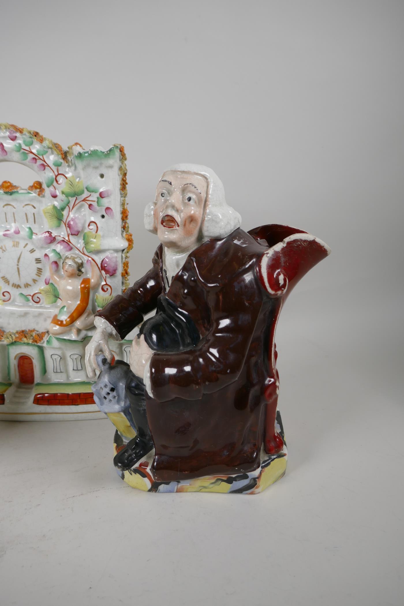 A 19th C Staffordshire flat back clock piece (11" high), together with a figurine of a Hunter and - Image 2 of 5