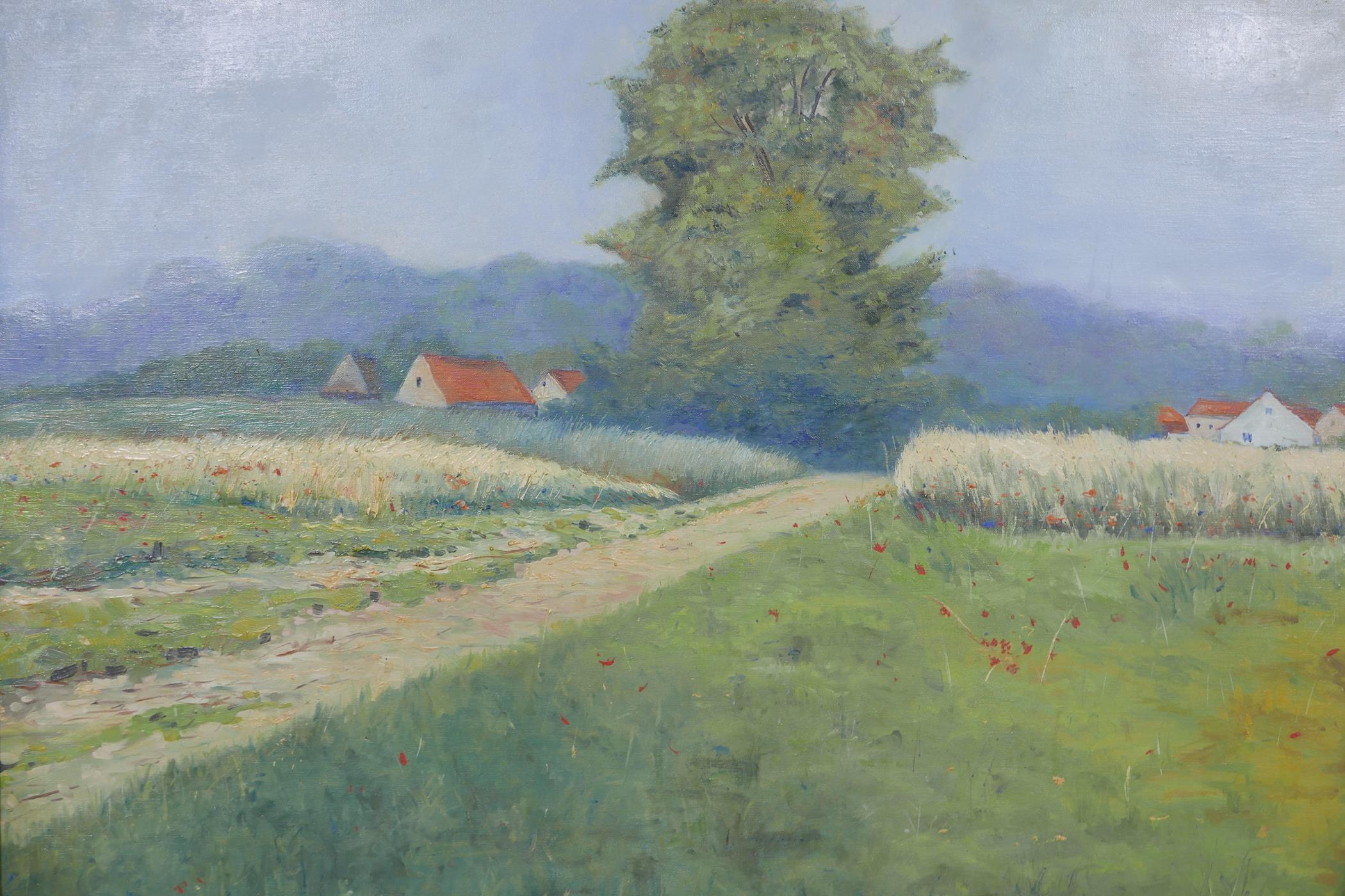 H. Pinto, Continental landscape with farm buildings, signed and dated (19) 26, oil on canvas, 36"