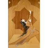 A Middle Eastern marquetry panel depicting a female dancer, indistinctly signed. 16½" x 27½