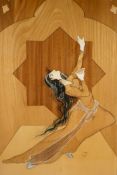 A Middle Eastern marquetry panel depicting a female dancer, indistinctly signed. 16½" x 27½