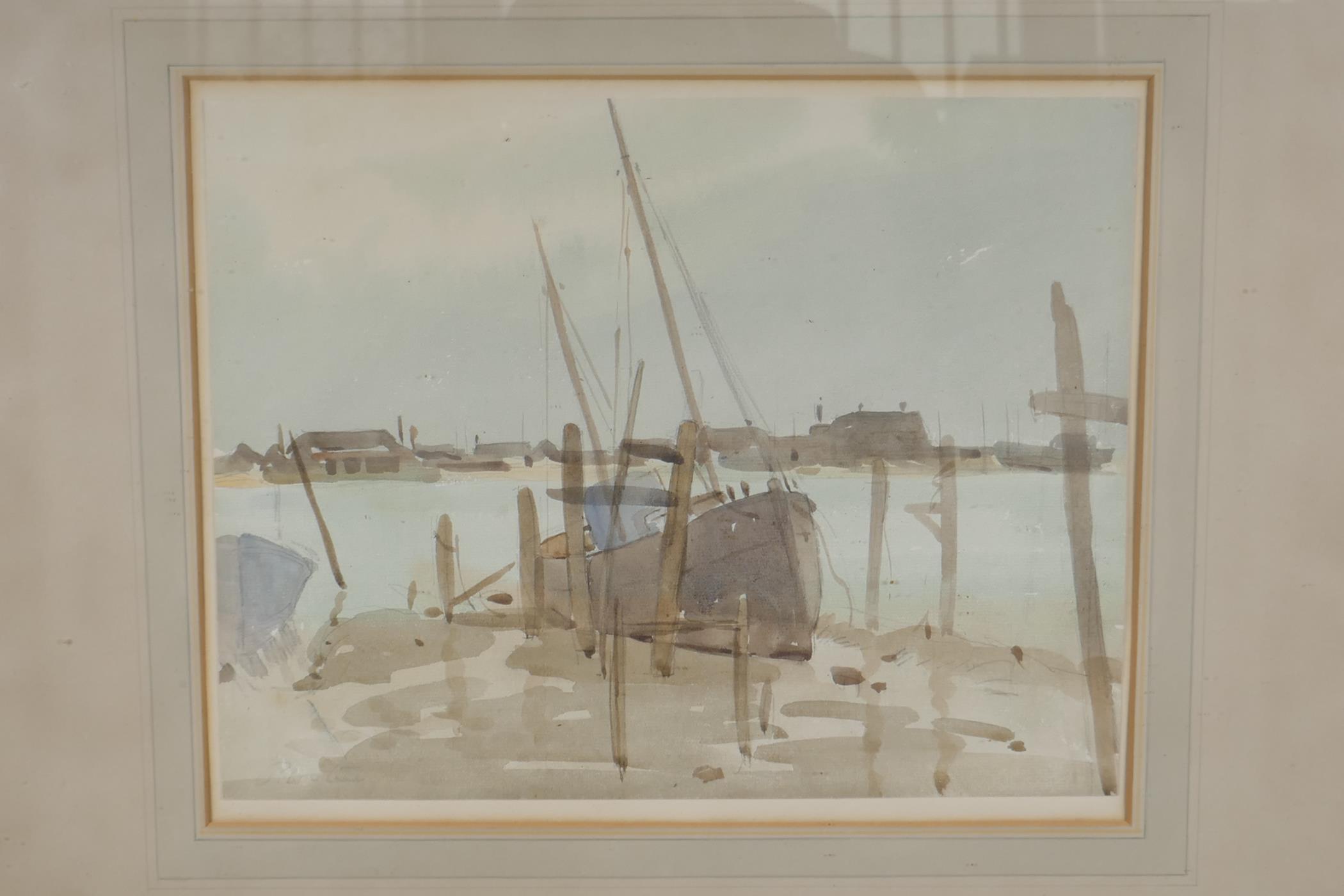 A harbour scene with moored boats, signed P.W. Steer, watercolour, 9" x 12" - Image 2 of 5
