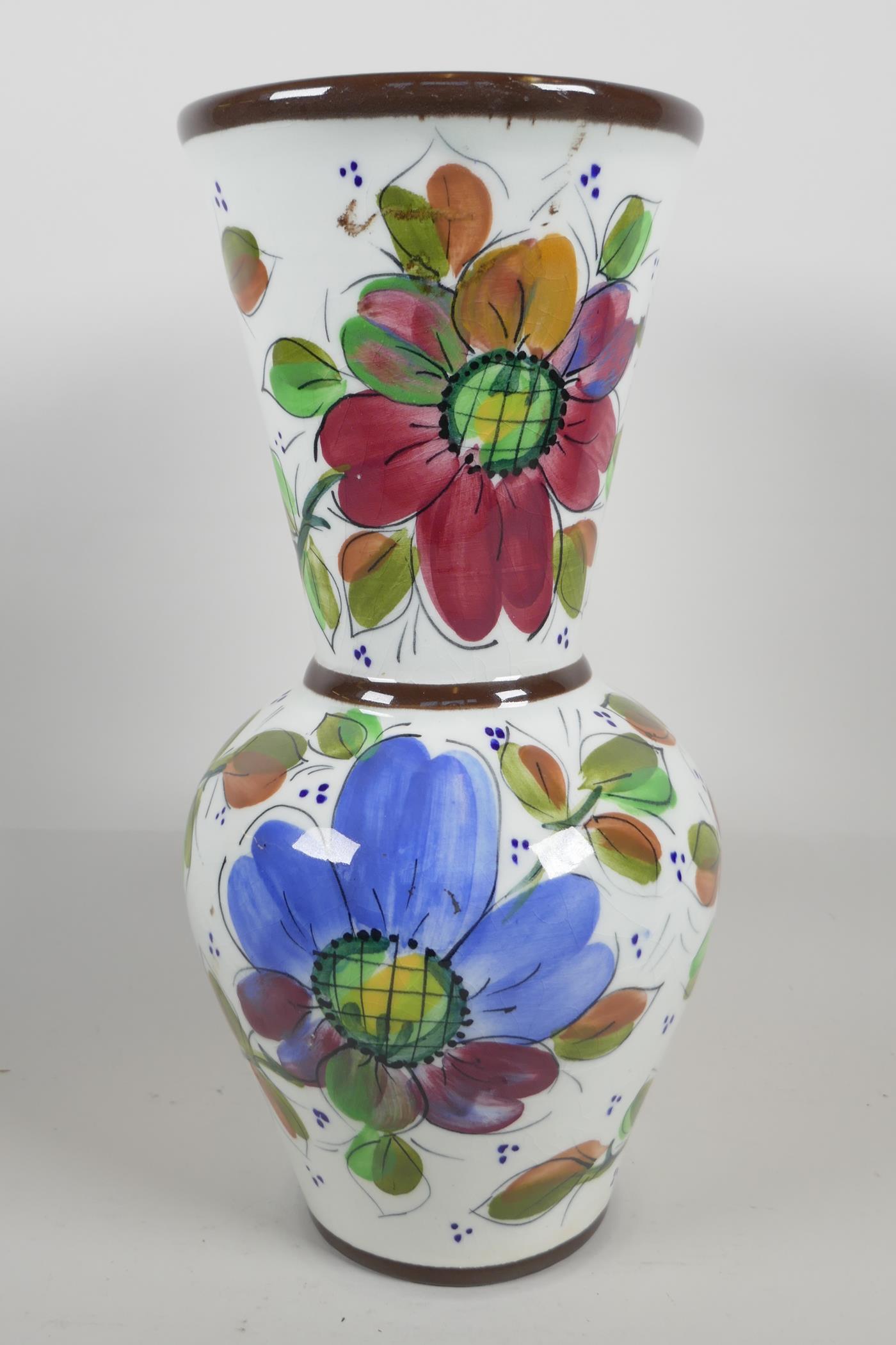 A pottery trumpet vase, hand painted with flowers, 13" high - Image 3 of 4