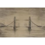 A charcoal sketch of Tower Bridge, indistinctly signed. 14½" x 11"