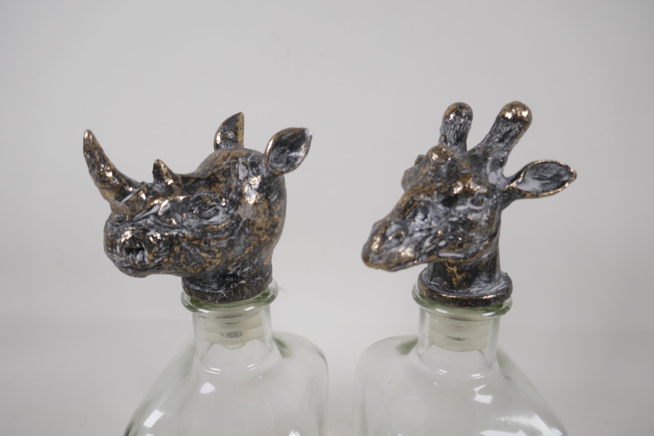 A pair of square section decanterswith plated stoppers, in the form of animal heads. 10" high - Image 2 of 2