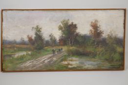 Landscaped with drover and cattle, signed Wolters, C19th oil on canvas, 12" x 25"