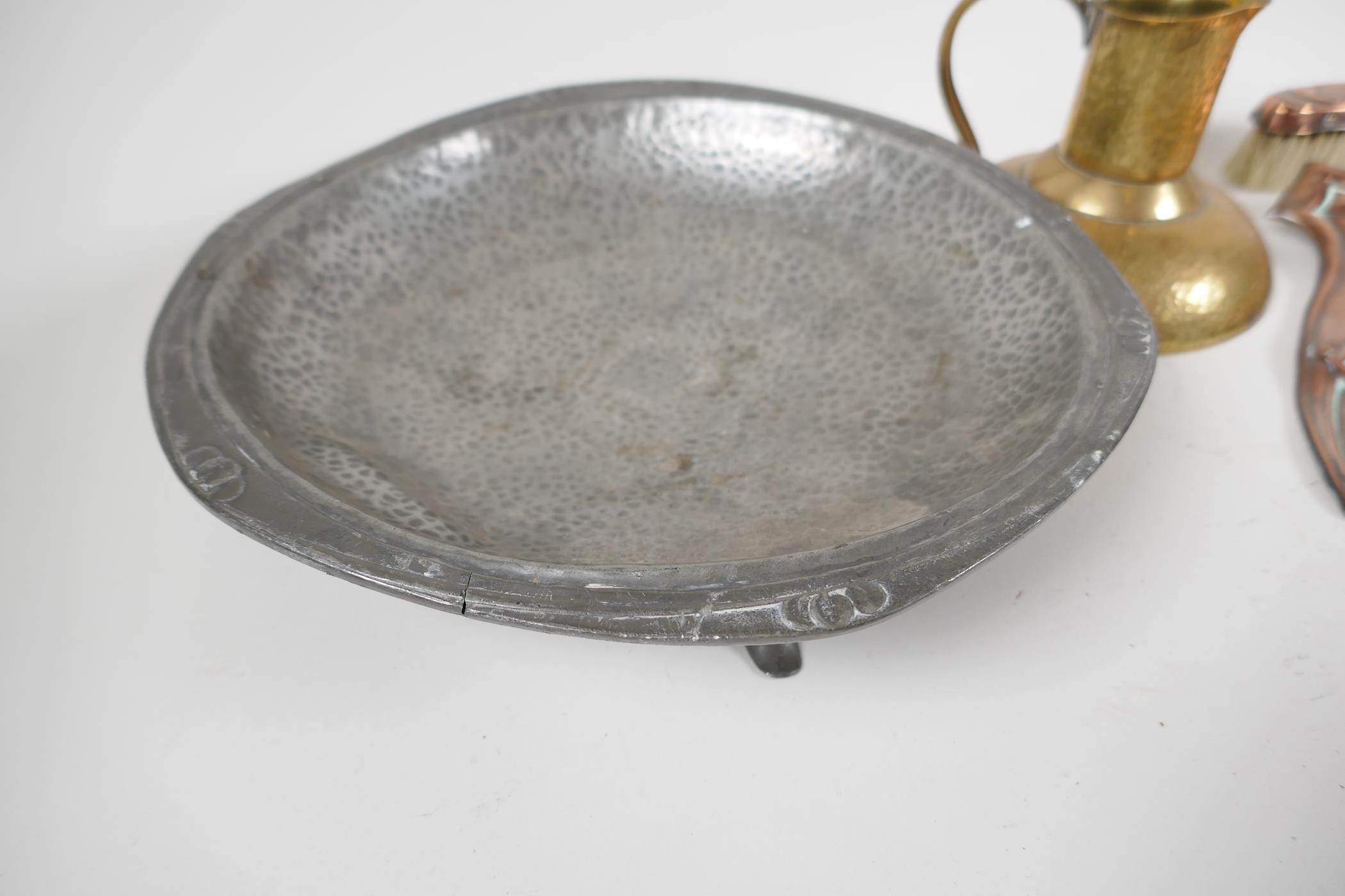 An Arts & Crafts hammered copper crumb tray and brush, together with a Christopher Dresser style - Image 4 of 5