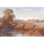 J. Carrier, C19th oil on canvas, bridge over a river, dated (18)98, A/F, 36" x 24"