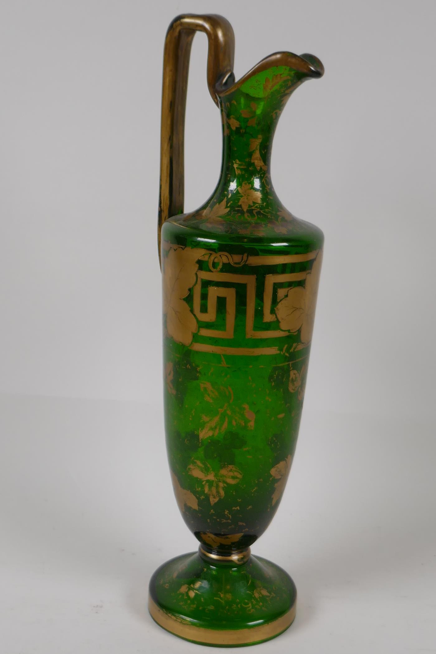 A C19th green glass wine ewer, with vine leaf and Greek key. Gilded decoration, 12¼" - Image 3 of 4