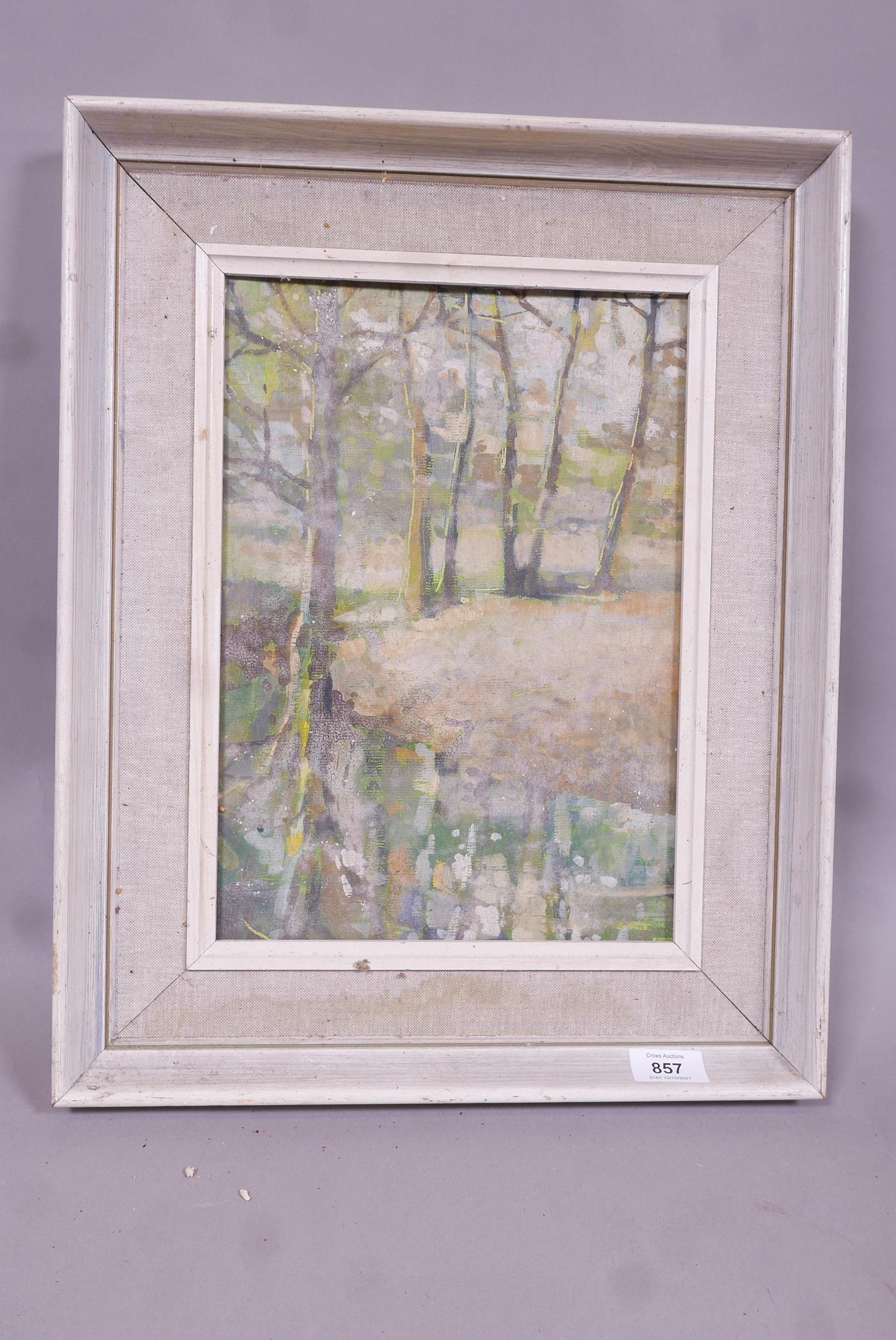 Landscape with pond, oil on artist board, unsigned, mid C20th, 14" x 10" - Image 2 of 3