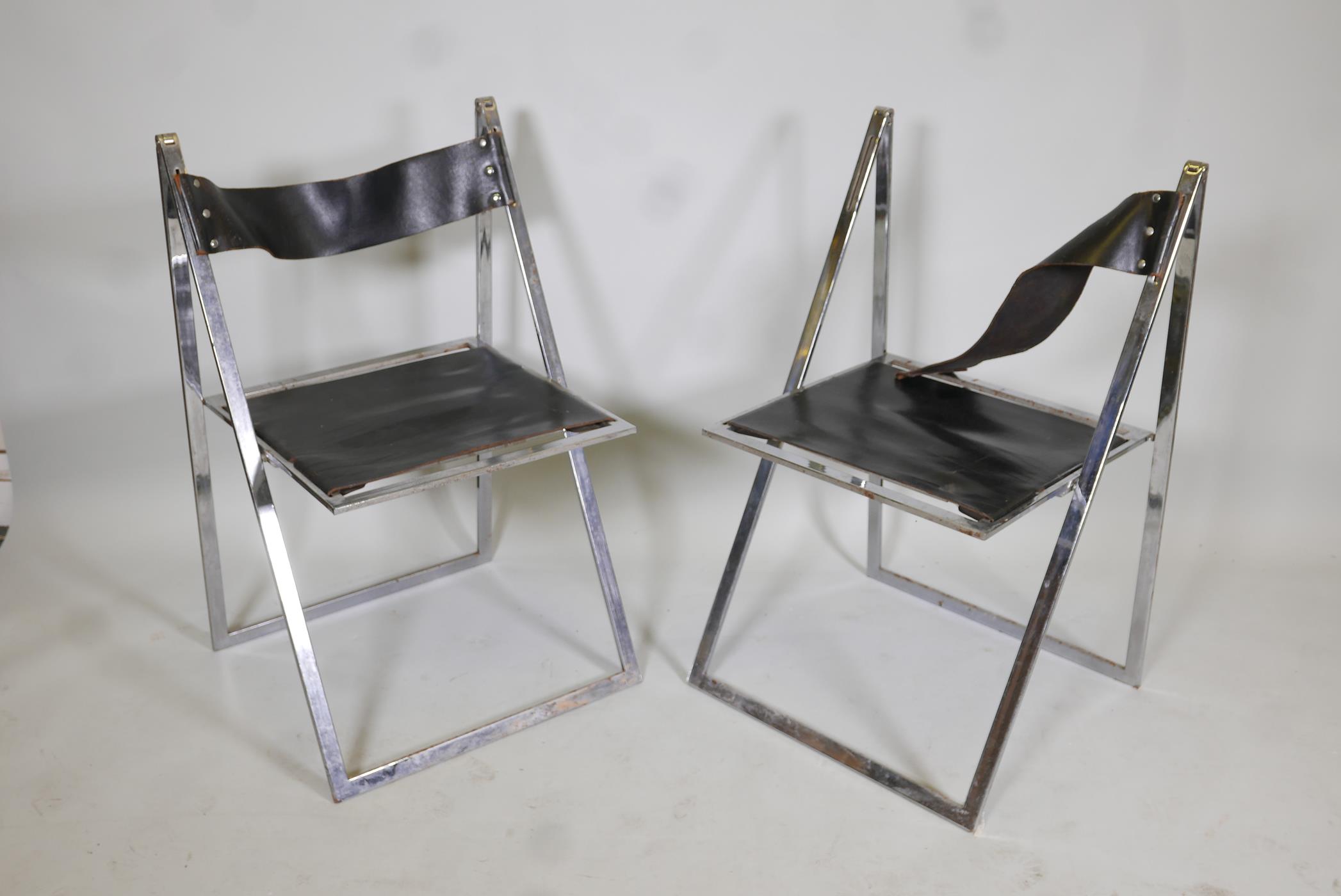 A pair of Italian mid century Elios chrome & leather folding chairs, designed by Fontoni & Geraci, - Image 2 of 6