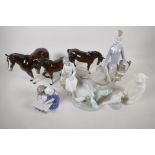 A quantity of porcelain figurines, including 3 Beswick horses, Copenhagen children, Lladro, Nas, etc