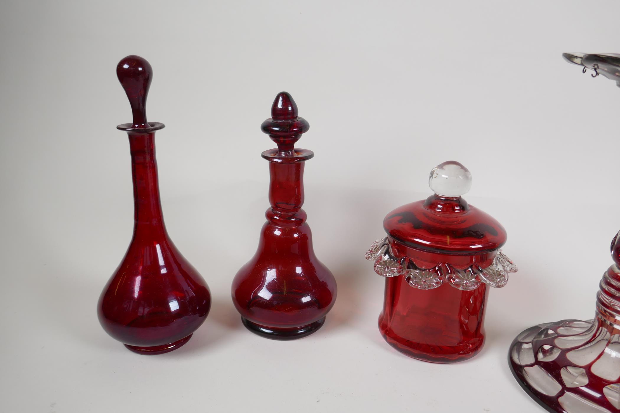 A collection of C19/20th Ruby & Cranberry glass. Including a lustre, perfume bottles, pots, - Image 2 of 5