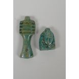 An Egyptian turquoise glazed Faience Shabti head amulet and a similar token in the form of a Djed